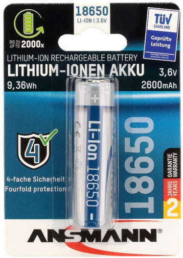 Accumulateur Li-Ion Ansmann ANS 1307-0000 18650 2600mAh 3.6V - 2C Décharge max - Protégé - Neuf