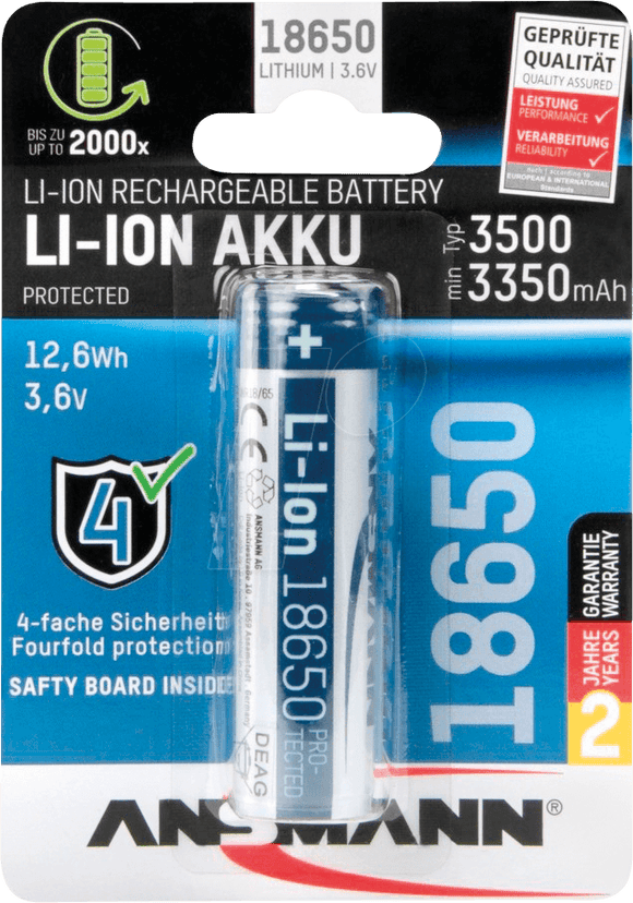 Accumulateur Li-Ion Ansmann ANS 1307-0001 18650 3500mAh 3.6V - 1.5C Décharge max - USB-C - Protégé - Neuf